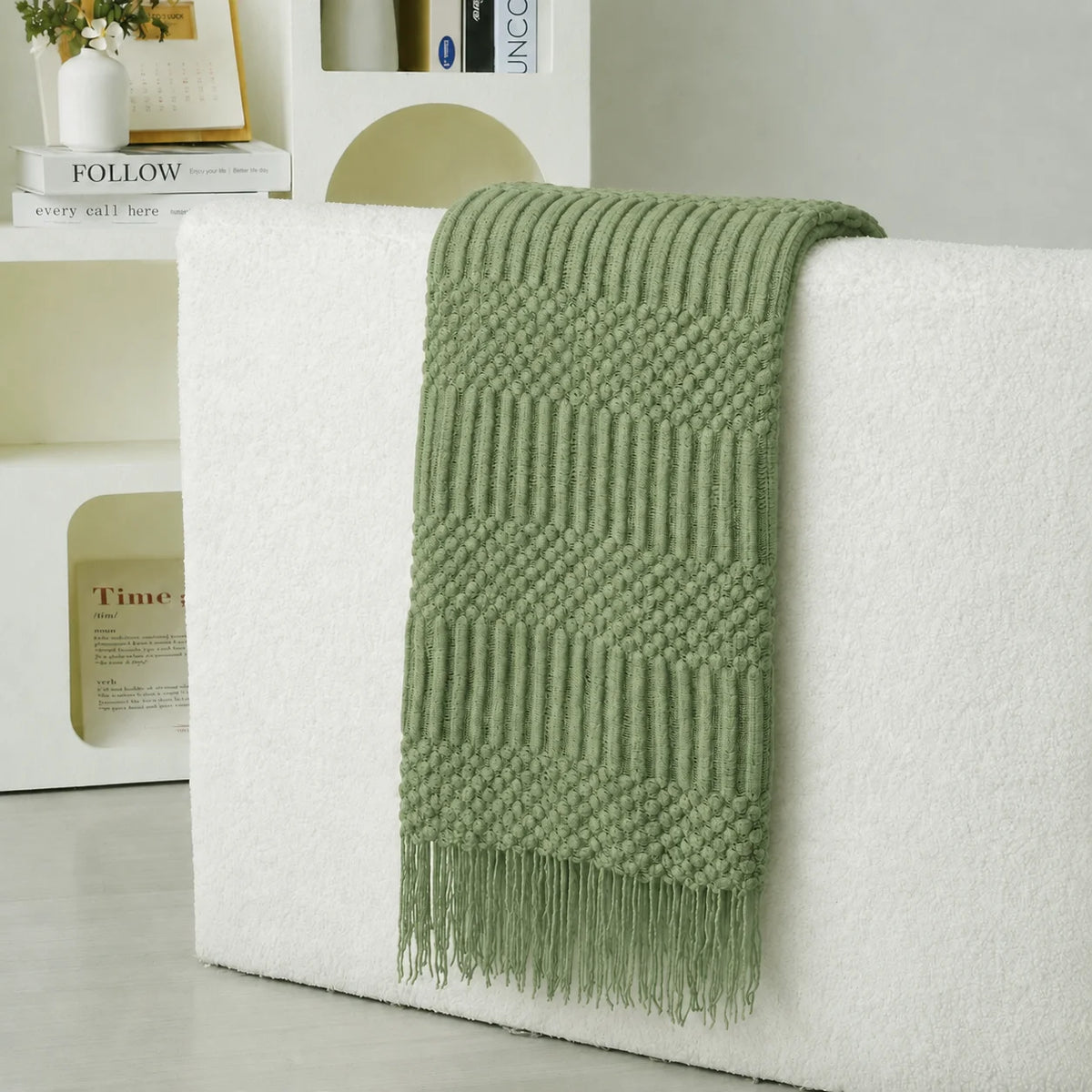 Light Khaki Diamond Cable Textured Knit Throw Blanket with Tassel Fringe, Soft Knitted Decorative Blanket, Lightweight Cozy Cover for Couch Sofa Bed, Boho Farmhouse Home Decor for Living Room Bedroom