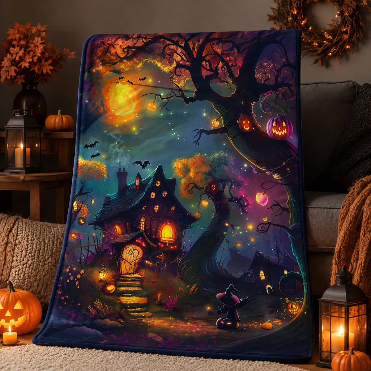 Halloween Throw Blanket - Cozy Autumn Decor with Witch and Haunted House