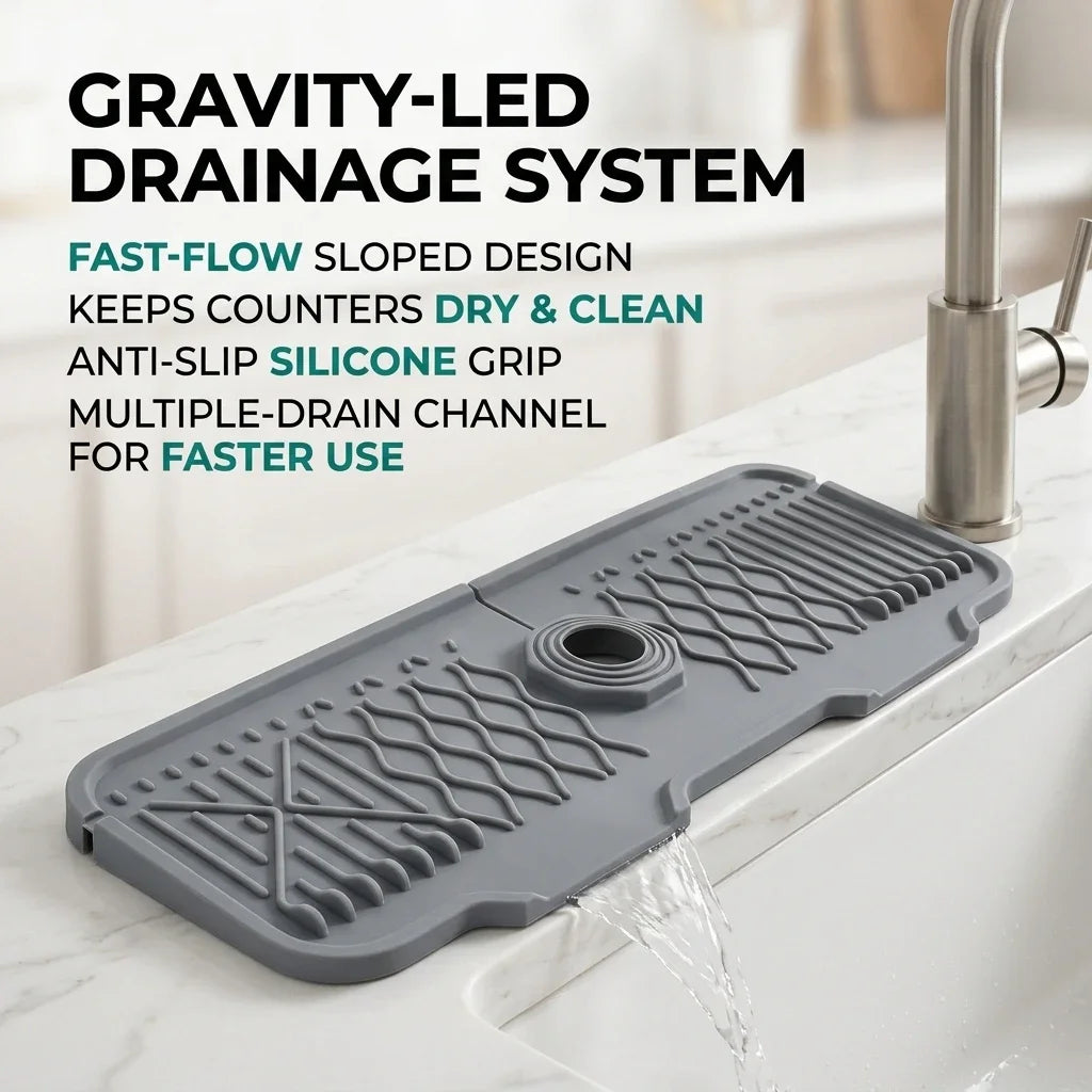 Silicone Faucet Mat Kitchen Sink Splash Guard, 17 Inch Self Draining Drip Catcher with Gravity-Led Drainage System, 5° Inclined Science Adaptive Fold Draining Mat for Bathroom Countertop, Matte Dark Gray Universal Fit Faucet