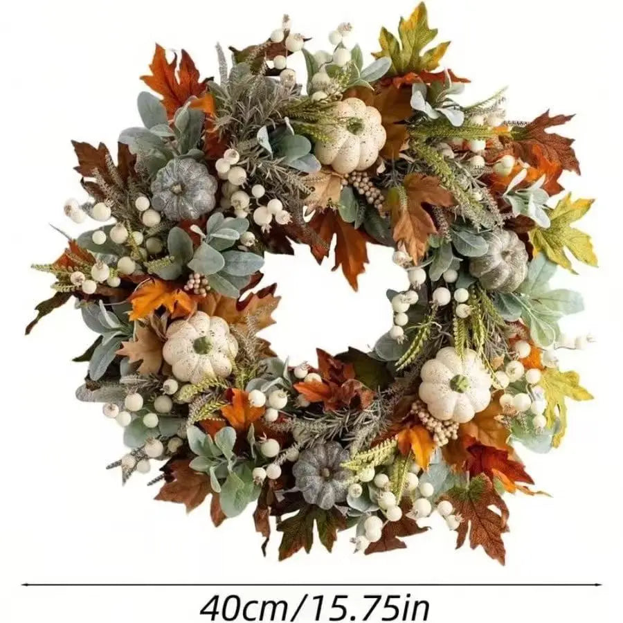 Thanksgiving Decor Wreath, 15.75 Inch Fall Wreath, Front Door Autumn Wreath with Pumpkins, Pinecones, Maple Leaves, Berries and Flowers, Harvest Wreath for Indoor Outdoor Home Decoration