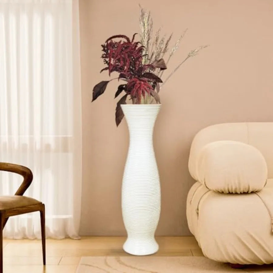 Tall White Floor Vase 30 inches for Living Room Decor Handmade Ceramic with Horizontal Stripes Wide Mouth Opening Corner Vase f