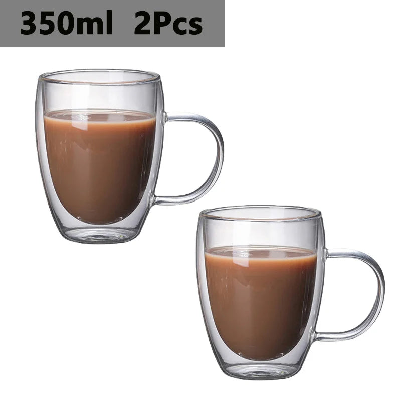150/250/350/450ml Heat‑Resistant Double‑Wall Transparent Glass Mug For Coffee Tea Milk Whiskey Wine Cold‑Beverage Household Drinkware