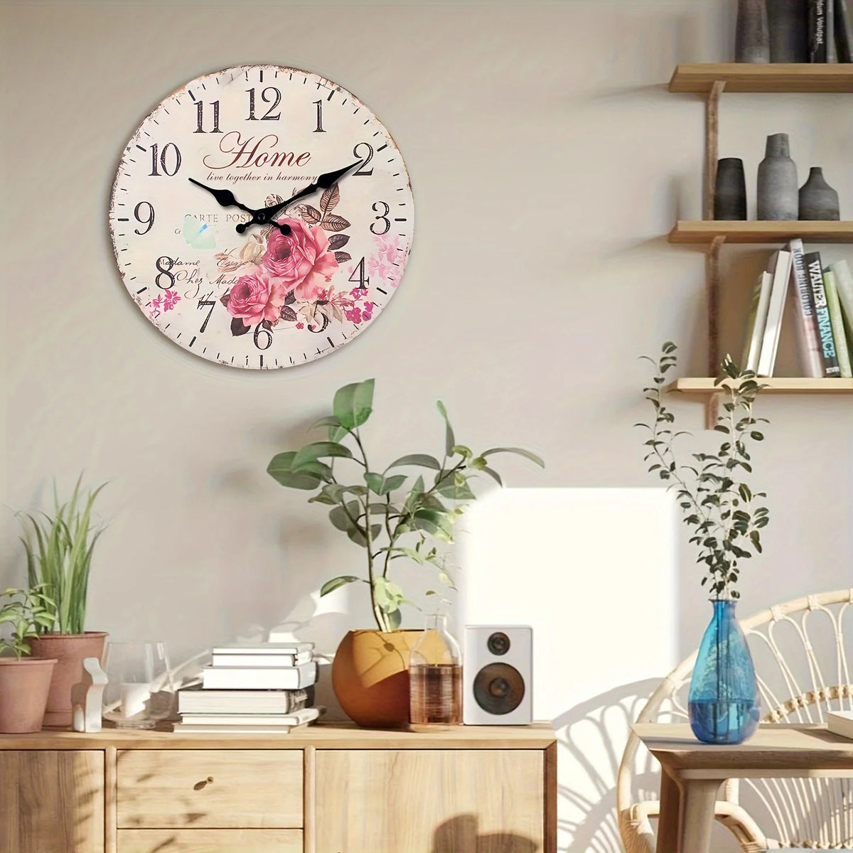 1pc 25.4-35.56 cm Wooden Large Rose Floral Wall Clock - Battery Powered, Silent And Soundproof, Suitable for Living Room, Bedroom, Home, Kitchen, Aesthetic Room Decor Clock, Ideal Holiday Gift (Battery Not Included)