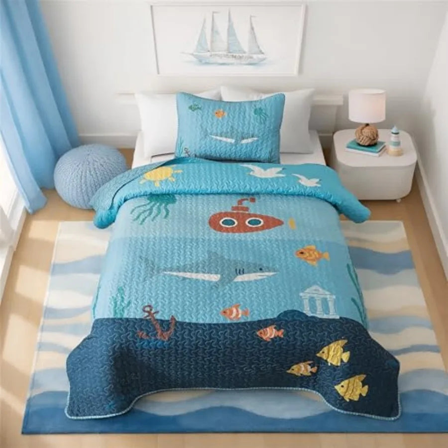 Ocean Quilt Set and 2 Shams Lightweight Quilted Sea Bedding for Coastal Nautical Comforter with Fish and Shark Design Fish Beds