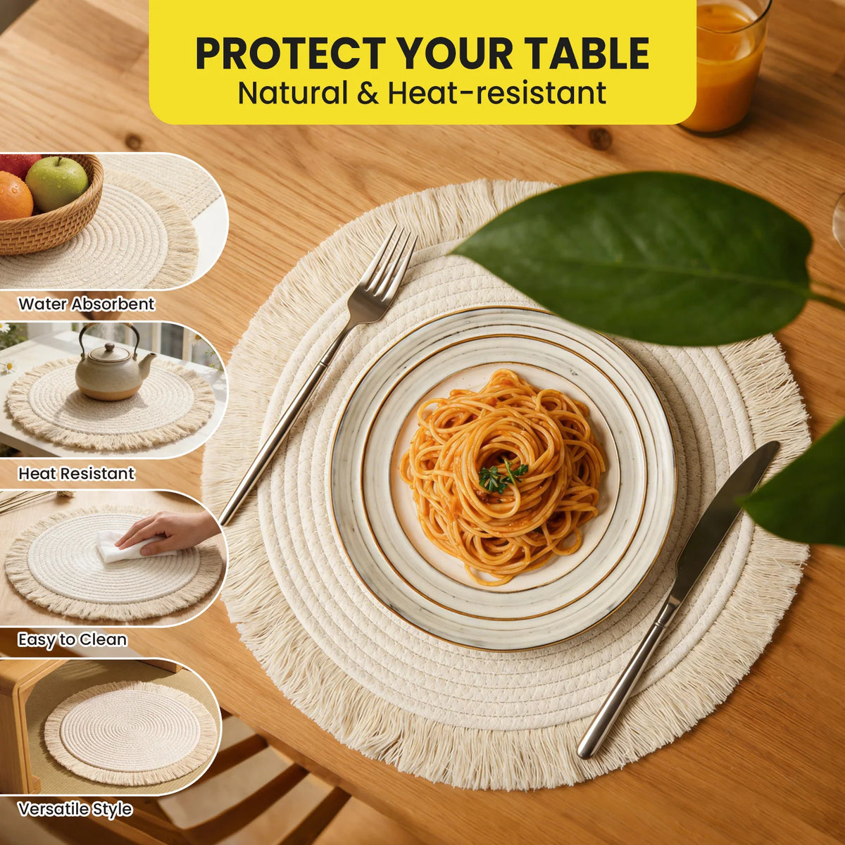 Round Cotton Rope Placemats Set of 8, 34cm Natural Boho Table Mats with Tassel, Heat Resistant Non-Slip Washable Woven Place Mats for Dining Table, Kitchen and Party