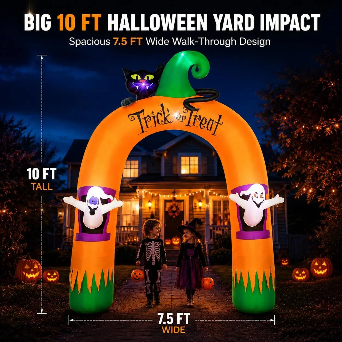 Halloween Inflatable Archway 10Ft with 7 LED Lights, Black Cat & Ghosts Design, Self-Inflating, Weather-Resistant, Foldable Outdoor Yard Decor, Bright Nighttime Glow, Easy Setup, Ideal Lighted Trick-or-Treat Entrance