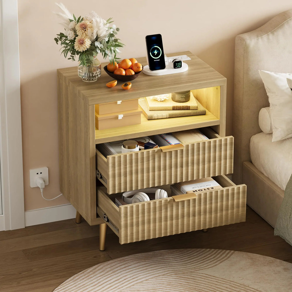 HiMISS LED Nightstand With Charging Station Drawers And Open Shelf