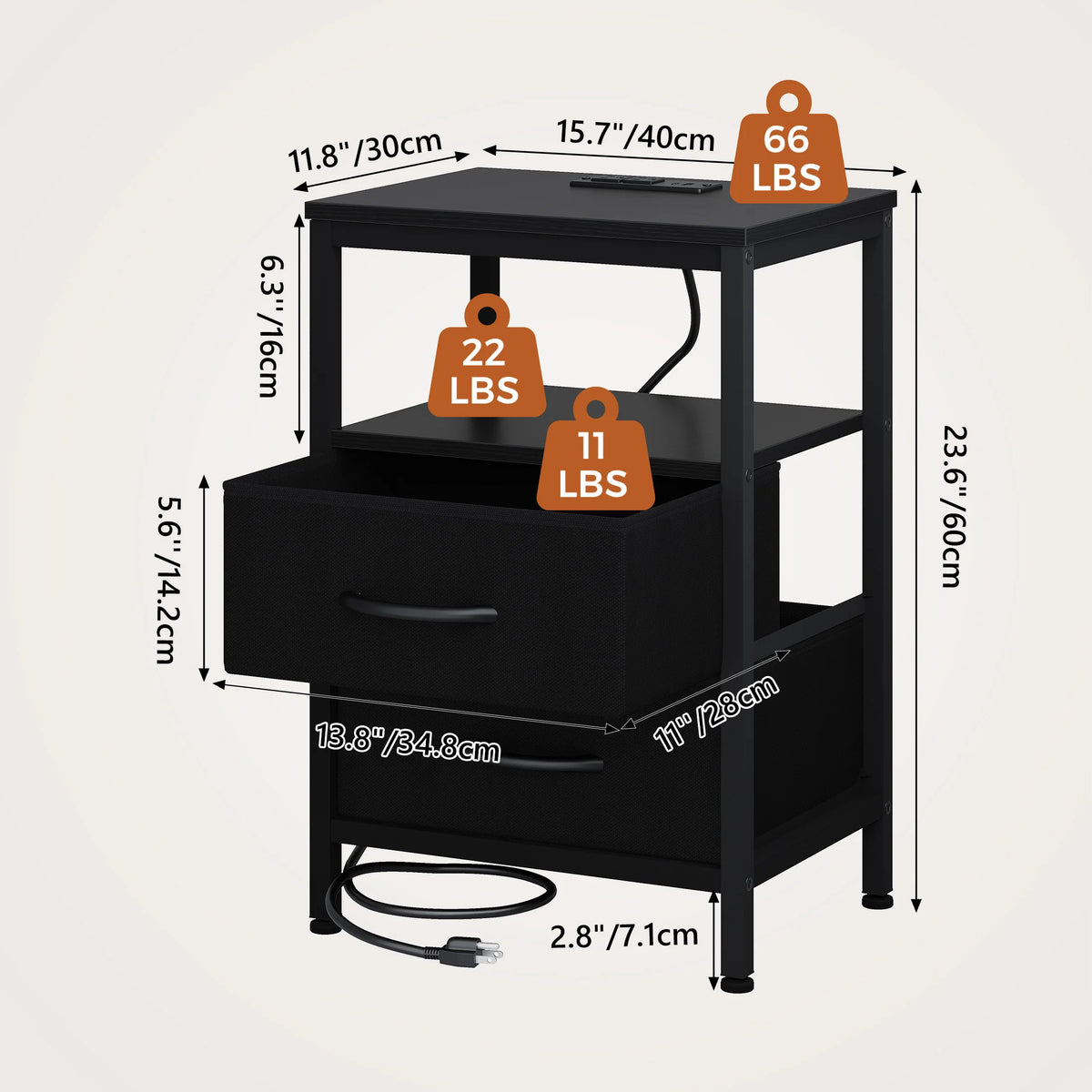 JHK Bedside Table With Fabric Drawers And USB Charging Station