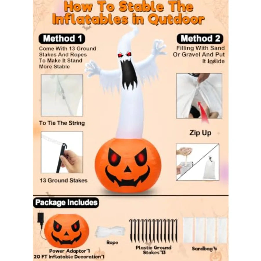 Halloween outdoor yard decoration: super giant 20 FT inflatable pumpkin ghost, PVC material, orange and white, built-in 9 LED l