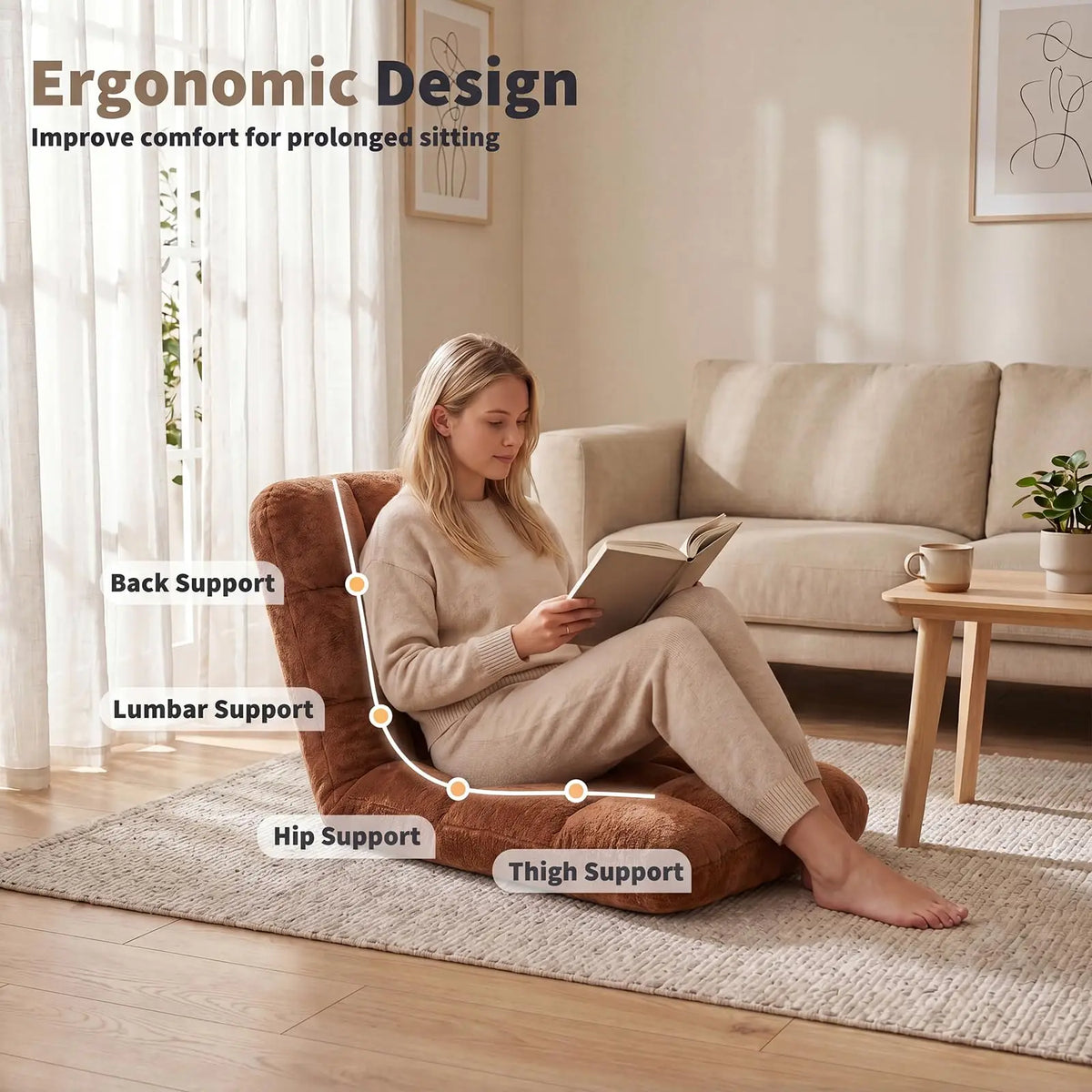 Adjustable Floor Chair With Back Support, 5-Position Foldable Gaming Lounge Chair, Padded Meditation Sofa For Indoor Living Room