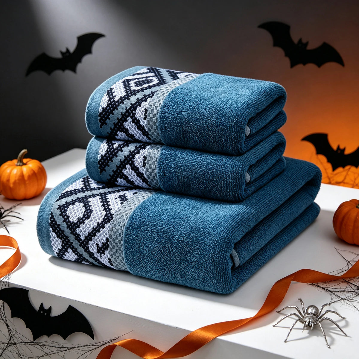 Halloween Themed Geometric Jacquard Towel Set, 100% Cotton Soft Highly Absorbent Bathroom Towels, Bath Towel & Hand Towel 3 Pack