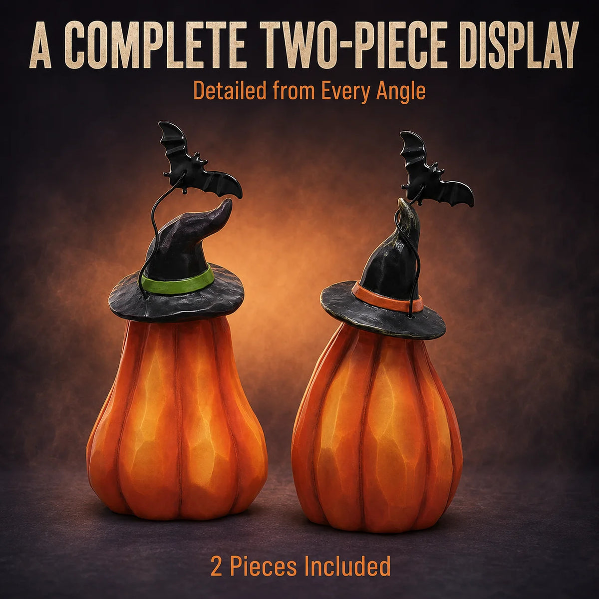 Hodao Resin Halloween Pumpkin Figurine Set, 2-Piece LED Light Up Jack-o'-Lantern Decor with Witch Hat & Black Bat Accents, Spooky Glowing Tabletop Figure Model for Shelf Mantel Display, Collectible Fall Seasonal Home Decorati