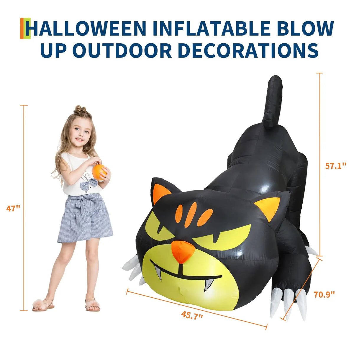 7ft Halloween Inflatable Crawling Black Cat Outdoor Yard Decor With 3 Led Lights, Blower, Stakes & Ropes For Lawn Garden Porch