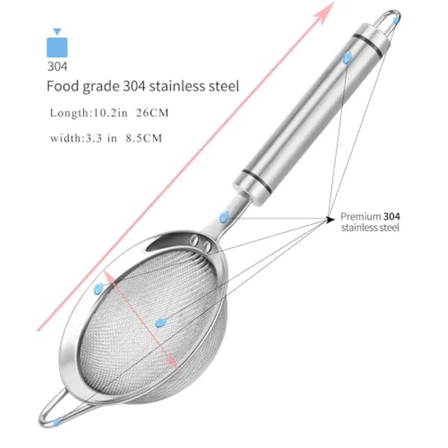 304 Stainless Steel Fine Mesh Strainers for Kitchen, Colander-Skimmer with Handle, Sieve Sifters for Food, Tea, Rice, Oil, Nood