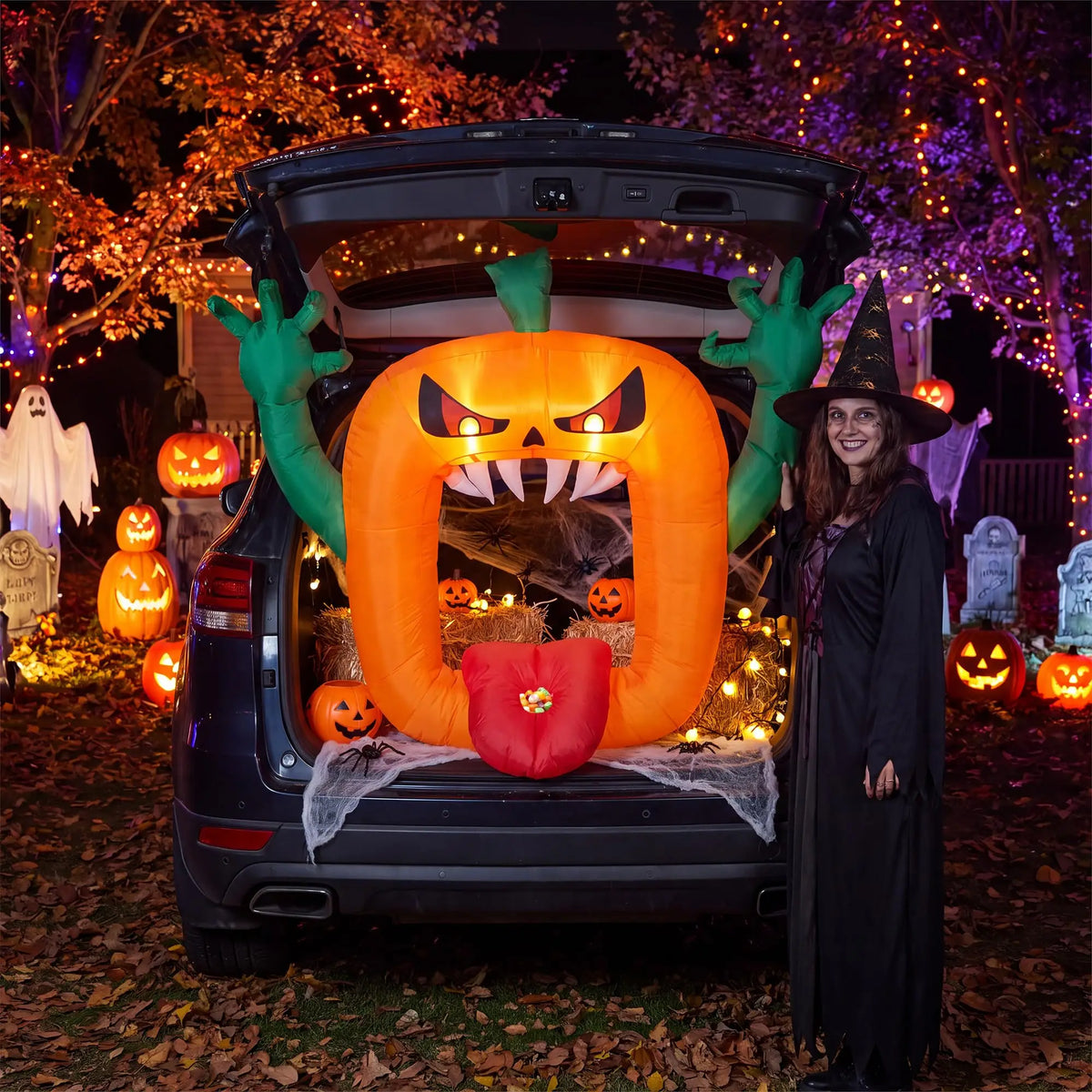 6FT Halloween Inflatable Pumpkin Trunk Or Treat Car Decoration With LED Lights, Blow Up Outdoor Toy For SUV Truck Yard Decor
