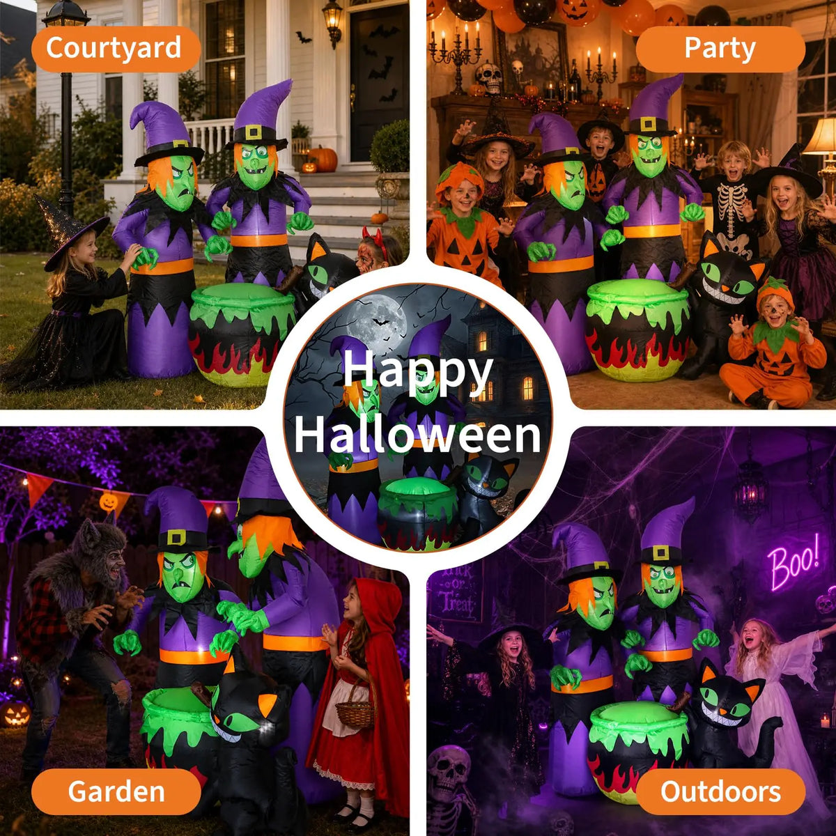 6ft Halloween Inflatable Witch Sisters Black Cat Cauldron With 6 Led Lights, Outdoor Yard Decor Blower For Lawn Porch Garden