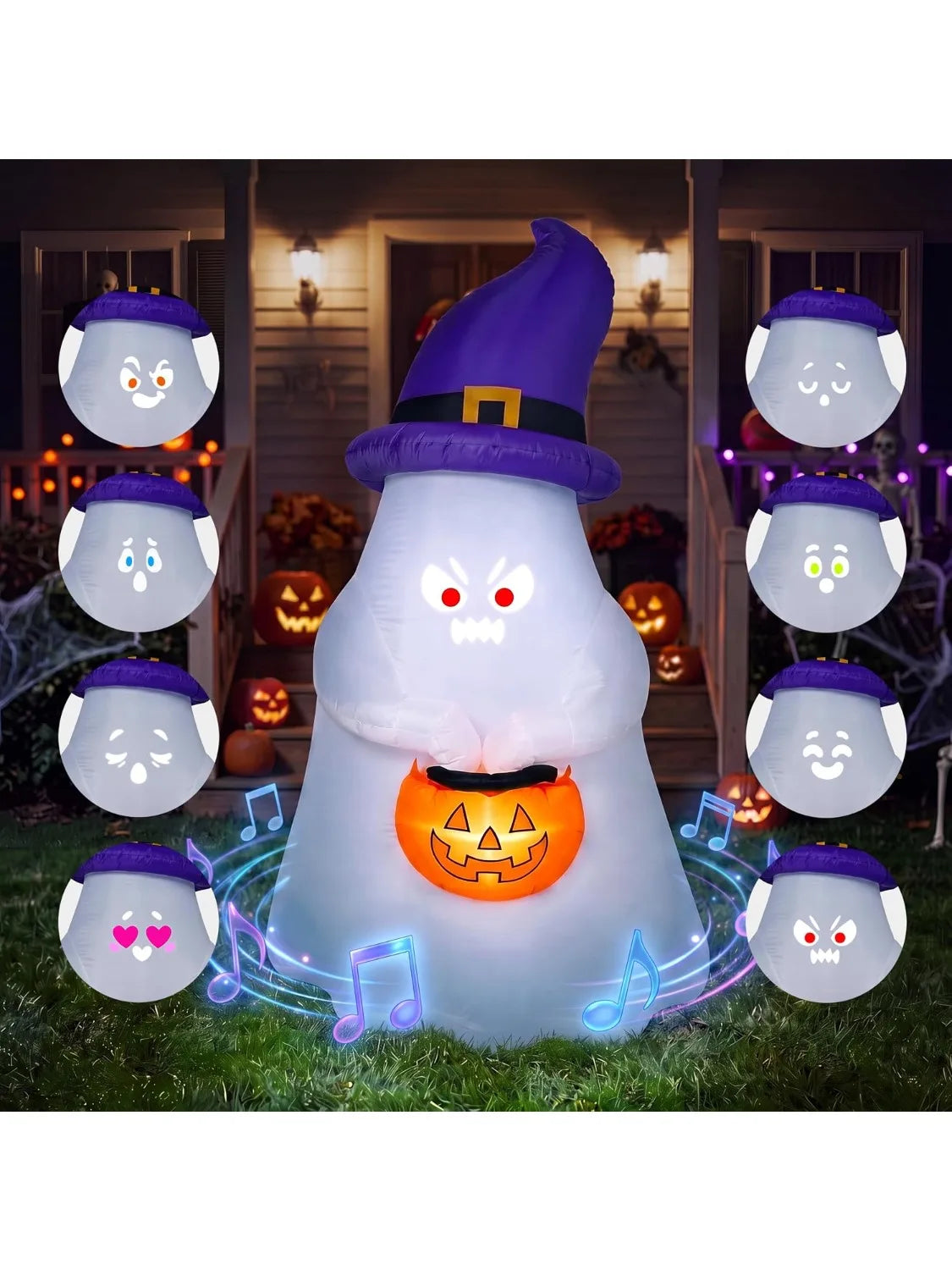 5FT Halloween Inflatable Witch Ghost Decor with Projector Face and Music Halloween Blow Up Yard Decoration with 8 Expressions Projection and Music Box for Party Outdoor Garden Lawn Decor