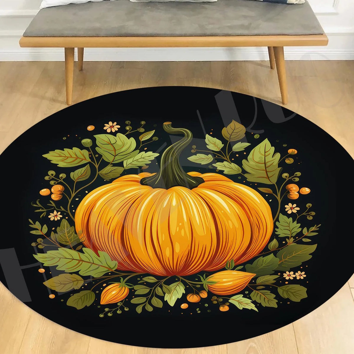 Autumn Pumpkin Round Rug, Leaf Pattern