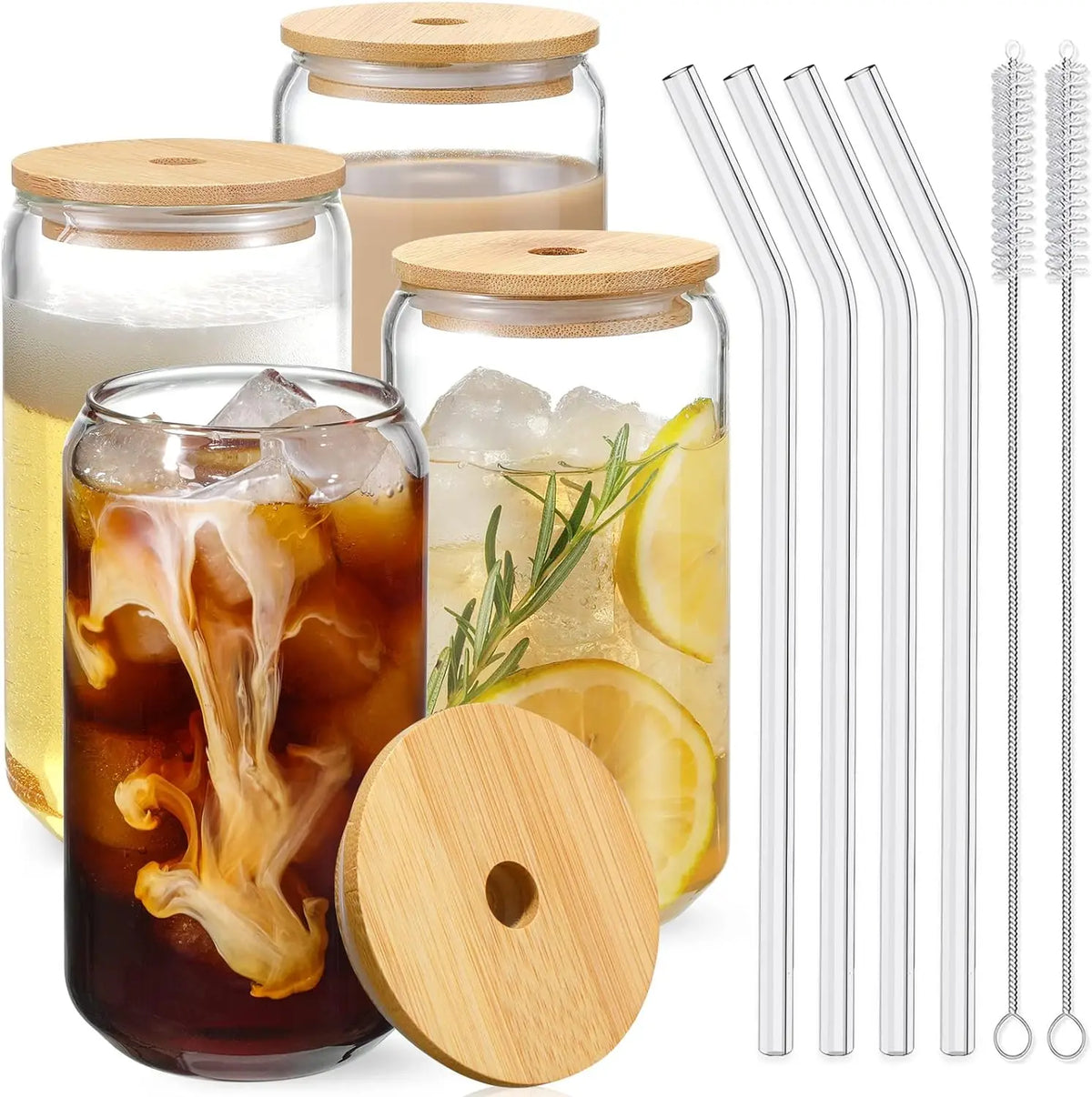 Tyrixma 4PCS Glass Cups with Bamboo Lids and Straws, 16OZ Ice Coffee Cup, Drinking Cup Set with Wooden Lids, Home Essential Glass Tumblers for Beer, Cocktail, Tea and Latte Clear.