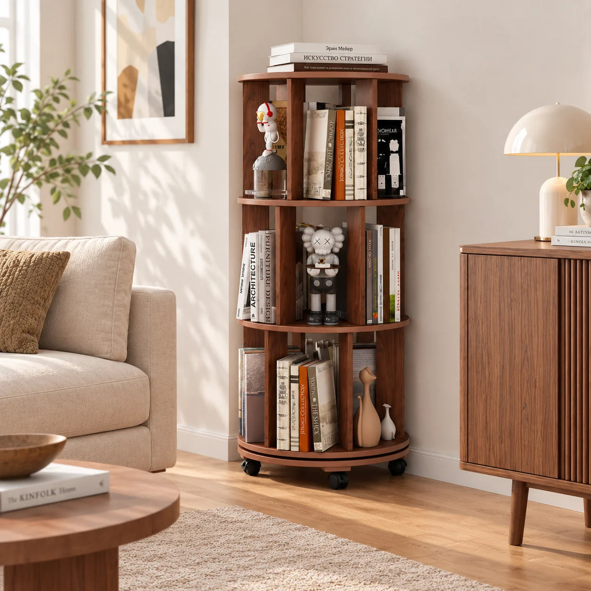 Walnut Wood Rotating Bookshelf on Wheels 360° Spinning Round Bookcase Organizer for Small Spaces Bedroom Kids Room Home Office