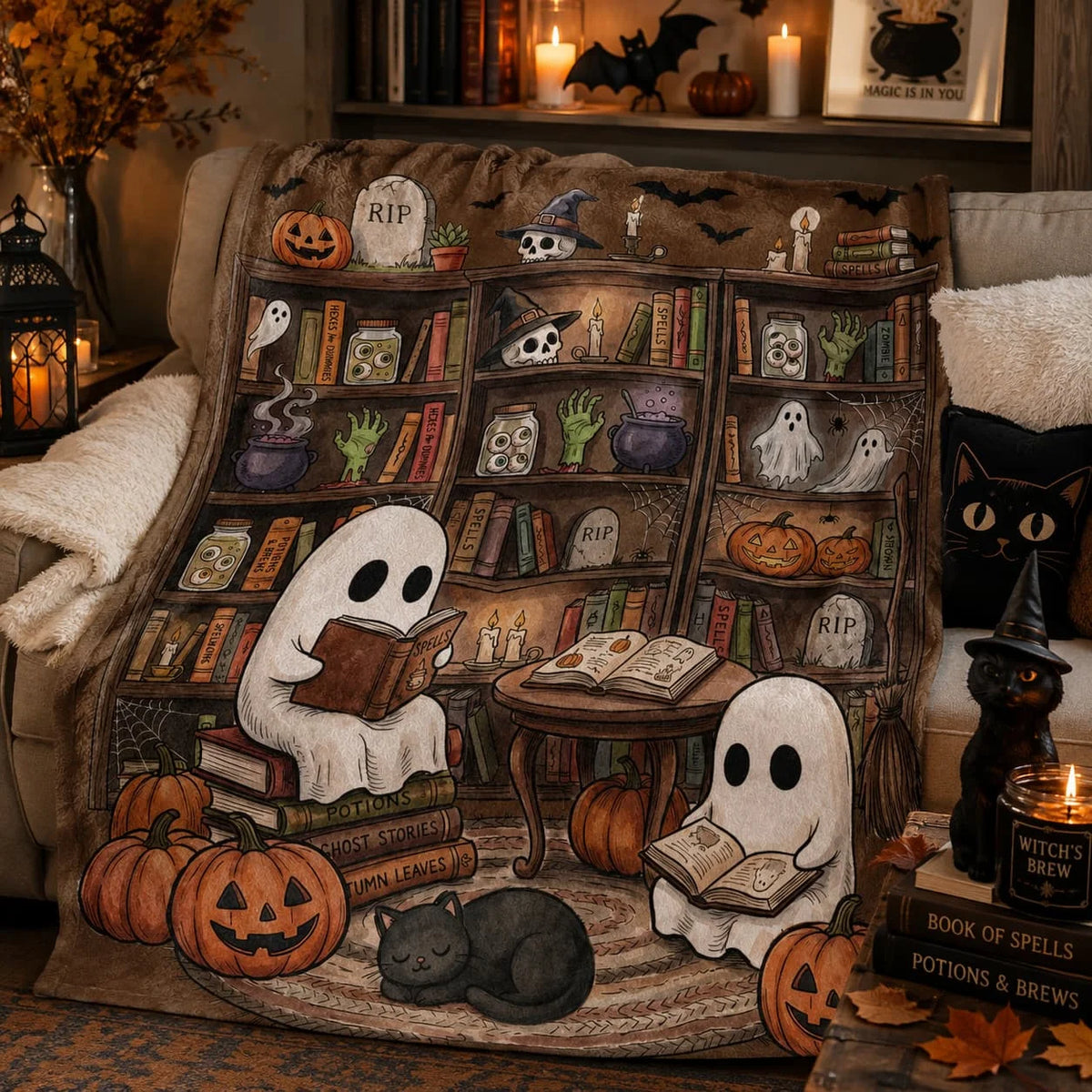 Wxiben Halloween Throw Blanket Gifts - Ghost Reading Blanket for Book Lovers Spooky Pumpkin Lightweight Soft Flannel Throw Blanket for Bed Couch Sofa Living Room Travel Halloween Decor 60x50 inches