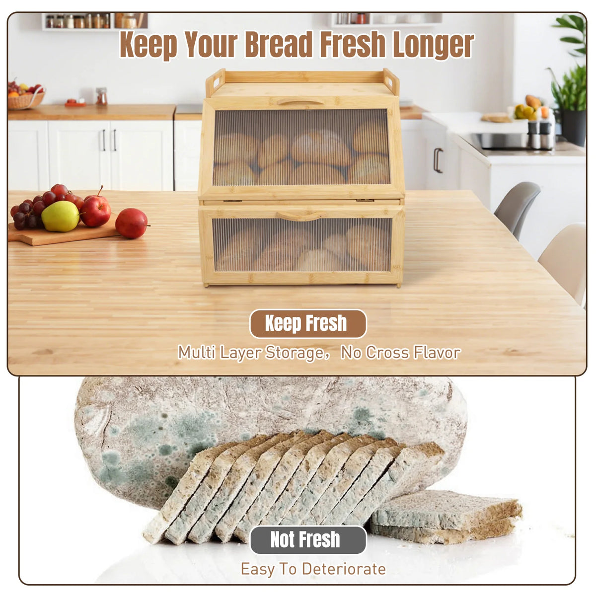 Double Layer Wooden Bread Storage Box Farmhouse Style Countertop Bread Keeper for Kitchen Food Storage