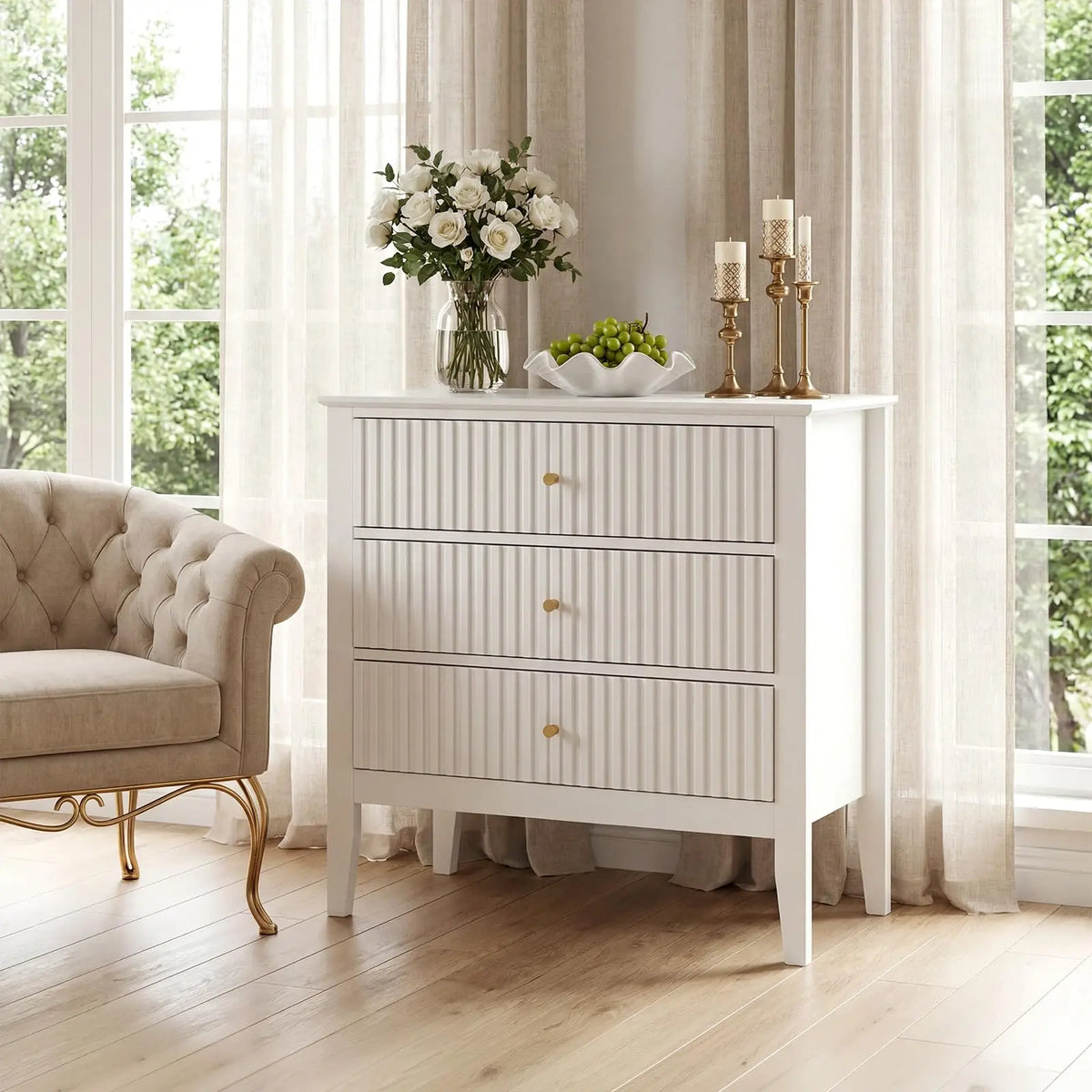 HiMISS Fluted Wooden Nightstand Featuring Charging Station And Drawers