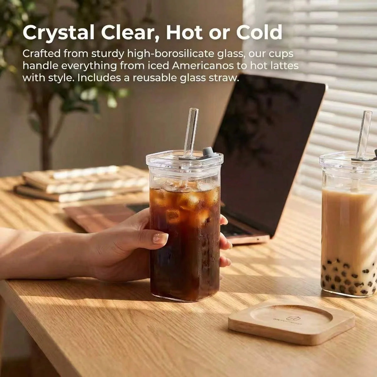 Square Heat Resistant Glass Coffee Mugs With Lids And Straws