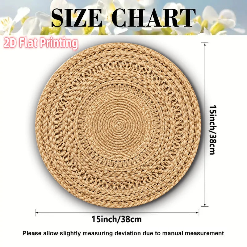 4-Pack Natural Fiber Round Placemats, Suitable for Parties and Gatherings. The table mats feature a woven natural fiber design with machine-washable fabric, ideal for decorative table settings, dining tables and Christmas dec
