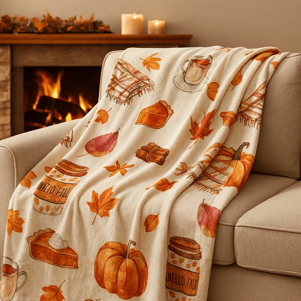 1pc, Autumn Pumpkin And Maple Leaf Pattern Flannel Blanket, Soft And Comfortable, Single-Sided Print, Suitable for Sofa And Camping And Office Nap Blanket, Thanksgiving Christmas Halloween Holiday Gift Blanket