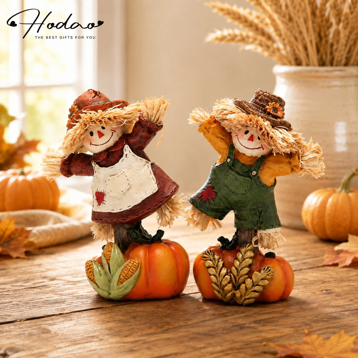 Hodao Set of 2 Fall Harvest Scarecrow Figurines, Resin Thanksgiving Pumpkin Decor, Hand-Painted Dancing Farmer Couple Statue with Cute Sunflower Accents, Fall Collectible Ornament, Seasonal Holiday Gift for Indoor, Patio, and