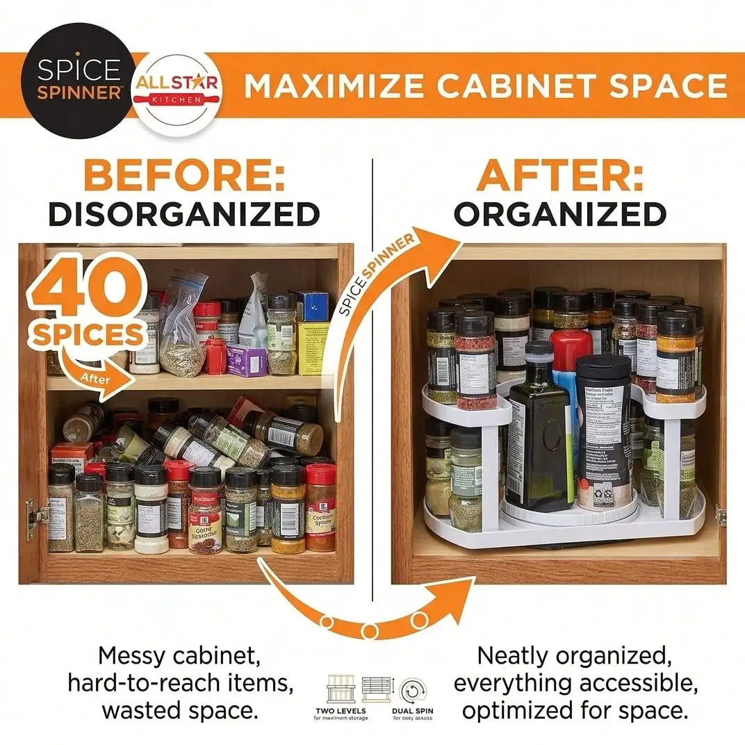 Two-Tier Rotating Spice Organizer With 4 Adjustable Heights, D-Shape Lazy Susan Storage Rack Holds Up To 40 Spice Bottles, Multi-Purpose Rotating Countertop Storage Shelf For Pantry Fridge Bathroom Craft Table