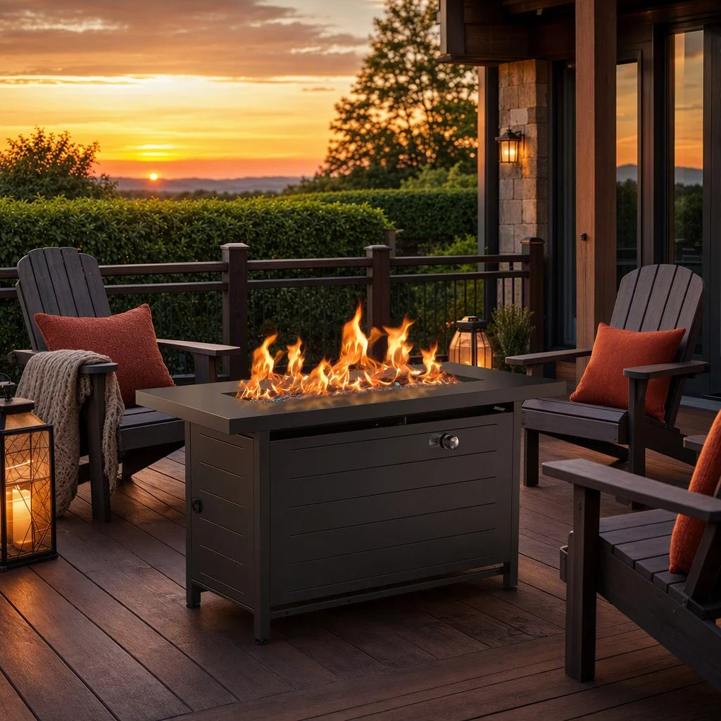 43-Inch Rectangular Propane Fire Pit with 60,000 BTU Output, Fire Pit Table Premium Gas for Outside Patio with 304 Stainless Steel H-Burner, Glass Stones, and Wind Guard