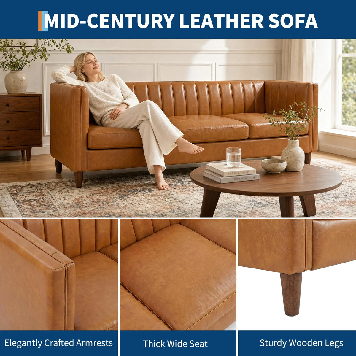 Himsiss Mid Century Modern Faux Leather Sofa For Living Room