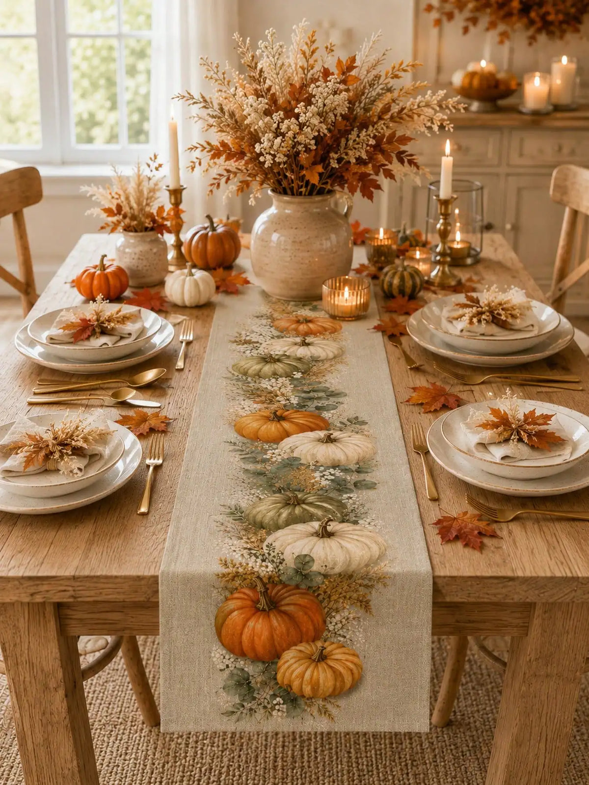 1pc-Fall Linen Table Runner, Patchwork Pumpkin Maple Leaf Table Decor, Rustic Farmhouse Autumn Dining Table Runner For Kitchen, Thanksgiving Harvest Holiday Decoration, Seasonal Centerpiece Cover For Everyday Use, Parties And