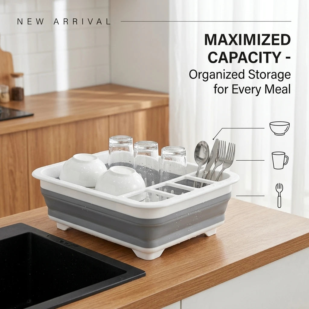 Collapsible Dish Drying Rack with Utensil Organizer Foldable Dish Drainer for Kitchen Counter Space Saving Portable Dish Rack for RV Camper Apartment Travel Kitchen Sink Storage 36.5 x 31.4 x 13 CM Grey and White