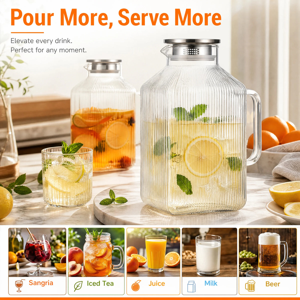 2 Pack 1 Gallon Large Glass Water Pitcher with Handle and Strainer Lid, 3800ml Big Glass Beverage Pitcher for Fridge, Iced Tea, Juice, Sangria, Hot & Cold Daily Drinks