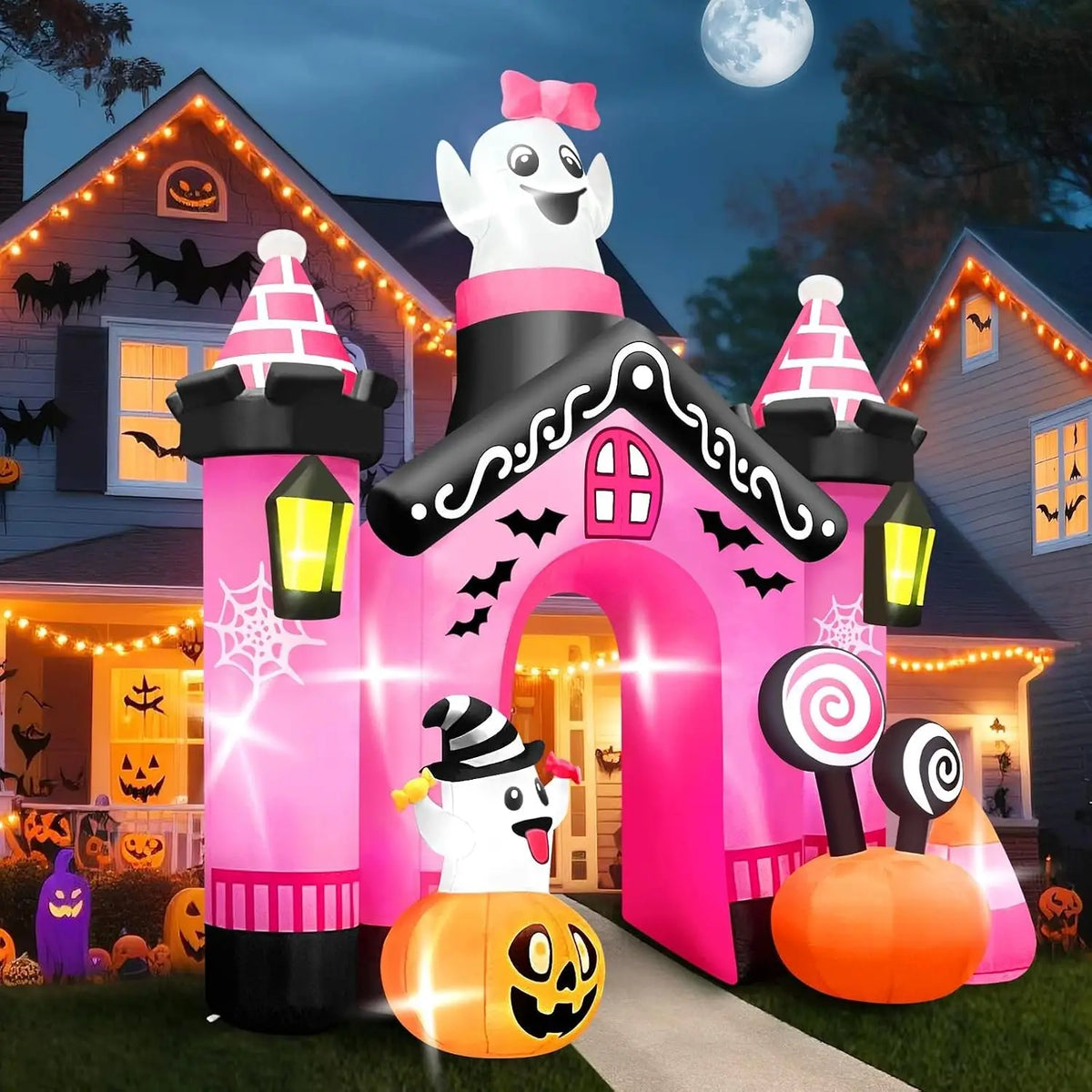 11 FT Halloween Inflatables Ghost Archway Outdoor Decor, Pink Castle Blow Up Yard Decoration with Built-in Lights, Scary Inflatable for Yard, Garden, Lawn, Indoor & Outdoor Use