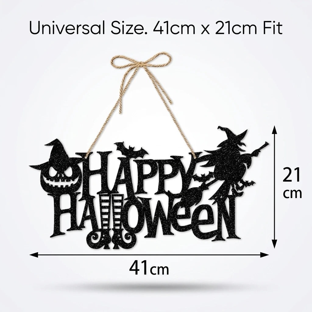 Halloween Hanging Sign Happy Halloween Door Decoration Glitter Black Witch Pumpkin Bat Wall Decor for Party Home Haunted House Bar Layout, 16.1x8.3 Inches (41x21cm)