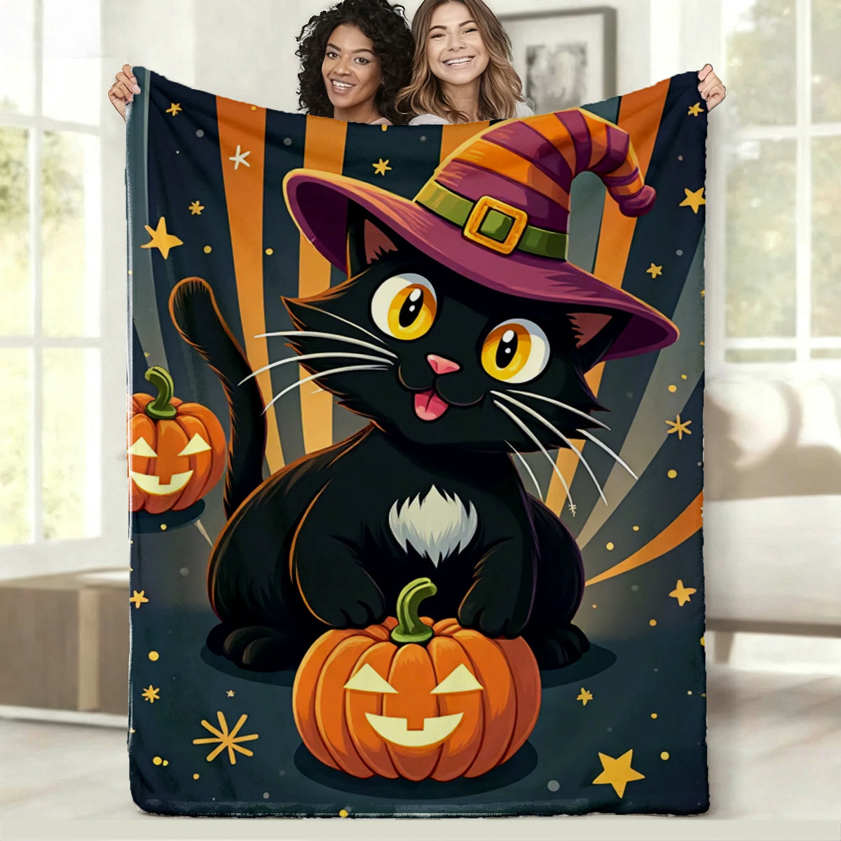 Whimsical Halloween Cat Flannel Blanket with Witch Hat And Jack-O'-Lanterns, Soft Warm Throw Featuring Orange And Blue Striped Background, Durable Machine Washable Home Decor for Autumn Festivities And Cozy Gifts