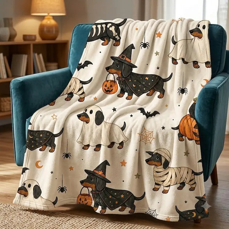 Halloween Dachshund Blanket, Cute Wiener Dog Ghost Pumpkin Witch Throw Blanket, Spooky Sausage Dog Halloween Fleece Blanket