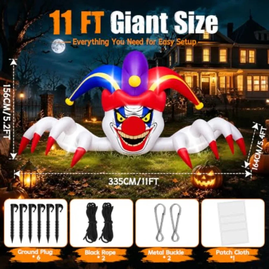 11FT Long Halloween Inflatables Clown Outdoor Decorations Scary Clown Inflatables Blow Up Yard Decorations with Build-