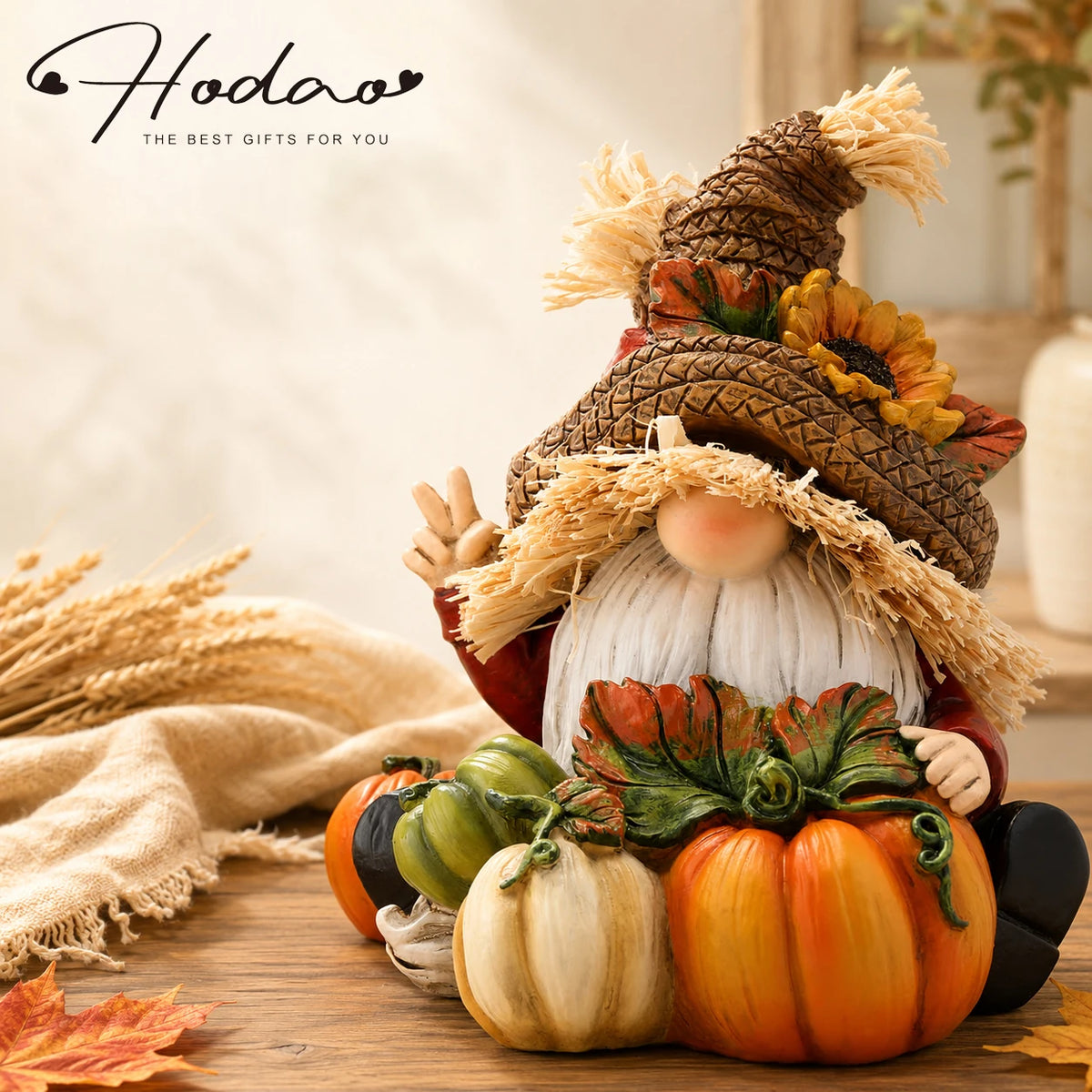 Hodao Resin Fall Scarecrow Gnome Figurine with Pumpkin Harvest Decoration, Farmhouse Thanksgiving Sitting Gnome Statue for Tabletop Shelf Sitter, Autumn Holiday Decor Gift for Home Garden, Hand-Painted Seasonal Ornament, Coun