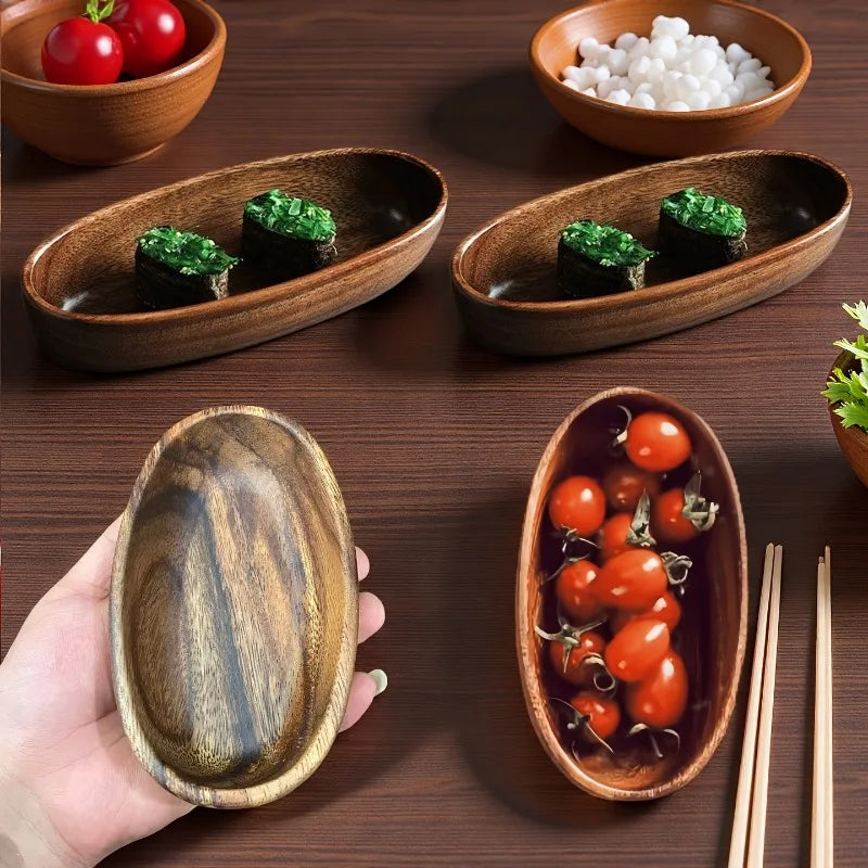 2Pcs Boat-shaped Bowl Kimchi Wooden Bowl Handmade Dessert Plate Household Vintage Wooden Tableware Fruit Salad Bowl