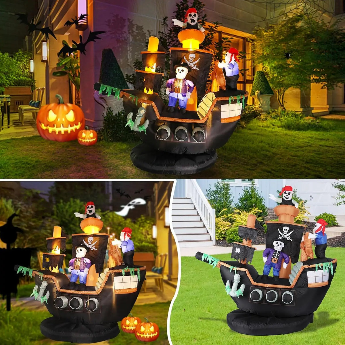 Outdoor Halloween Inflatable Decorations, 7ft Giant Pirate Ship Yard Decoration with Skeleton & Ghost Figures, Built-in LED Lights, Blow Up Lawn Ornament for Patio Party