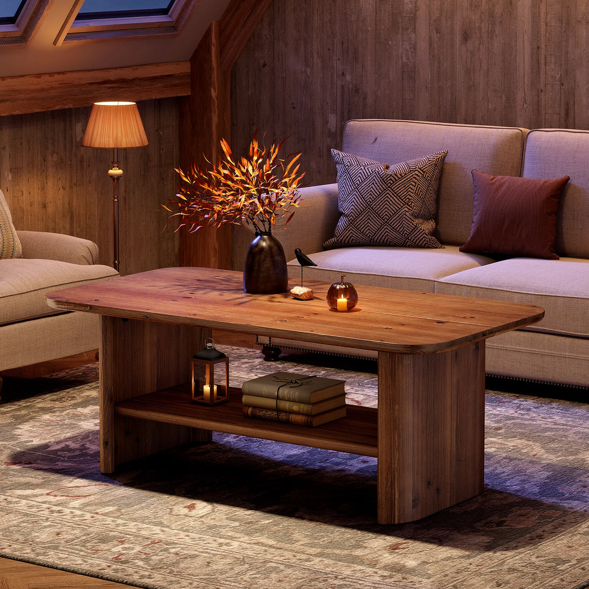 Tribesigns Farmhouse Solid Wood Coffee Table With Two Tier Storage