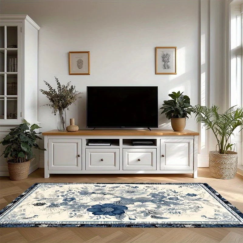 Luxurious High-End Blue And White Floral Pattern  Floor Mat, Elegant Design, Comfortable And Beautiful, Suitable for Bedrooms And Living Rooms