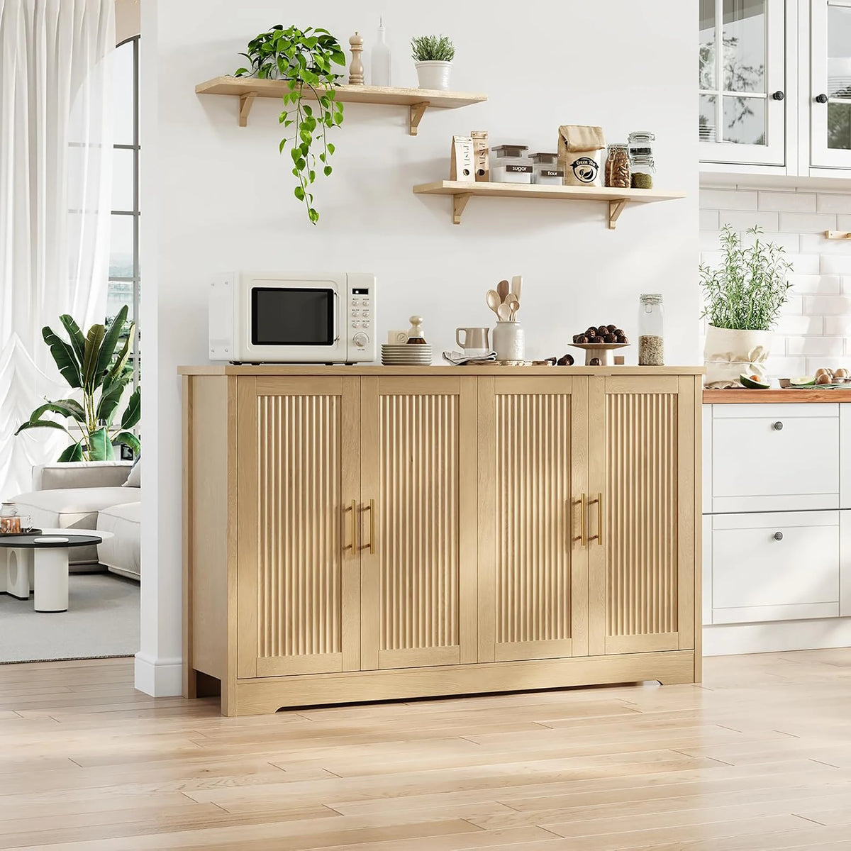 HiMISS Fluted Sideboard Buffet Cabinet With Shelves And Wine Rack