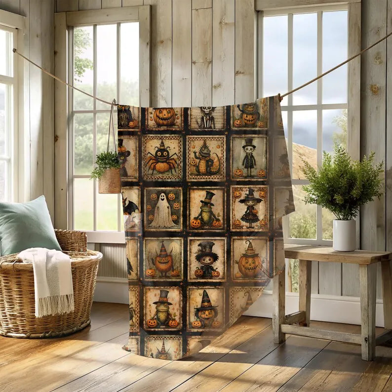 Spooky Vintage Halloween Patchwork Blanket |   Velveteen Plush Blanket