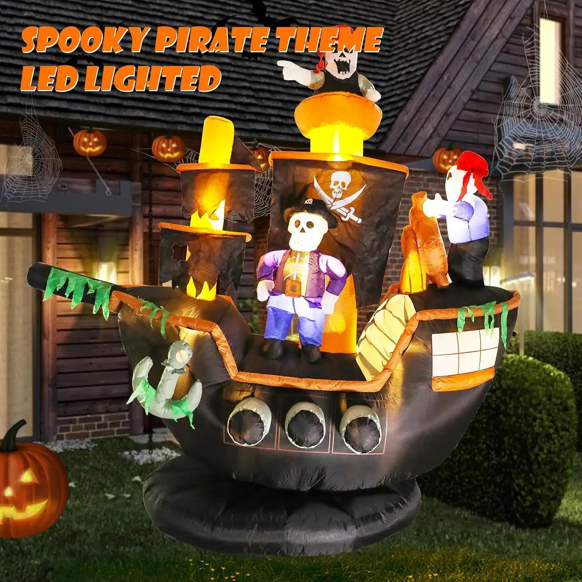 Outdoor Halloween Inflatable Decorations, 7ft Giant Pirate Ship Yard Decoration with Skeleton & Ghost Figures, Built-in LED Lights, Blow Up Lawn Ornament for Patio Party